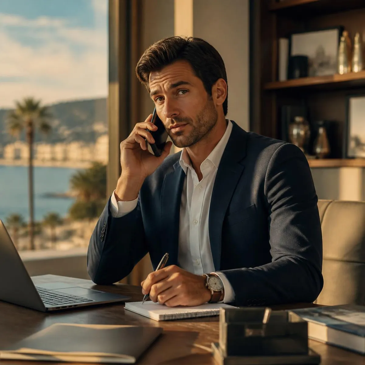 Gérante de conciergerie sceptique au téléphone face à un faux prospect