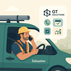 Artisan en tenue de chantier au volant de son véhicule, en communication téléphonique, illustrant les services d’assistance de GT Solutions pour professionnels du bâtiment.
