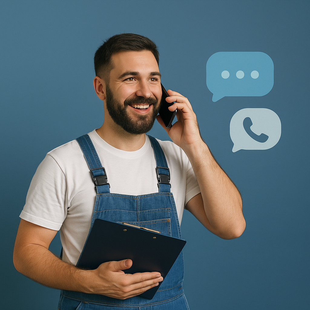 Artisan souriant au téléphone, en tenue de travail, illustrant l’externalisation des appels et de la gestion client pour professionnels du bâtiment.